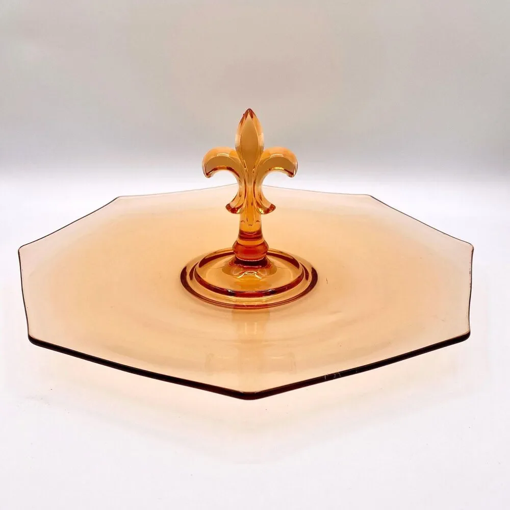 Fostoria Pioneer Amber Glass Serving Dish: Fleur de Lis Handle, Octagon 12”